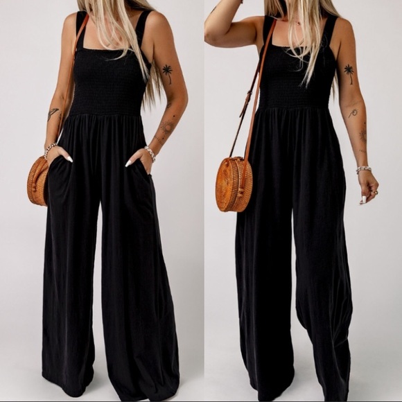 Boho smocked bodice wide leg wide straps cami jumpsuit burgundy - Picture 12 of 12